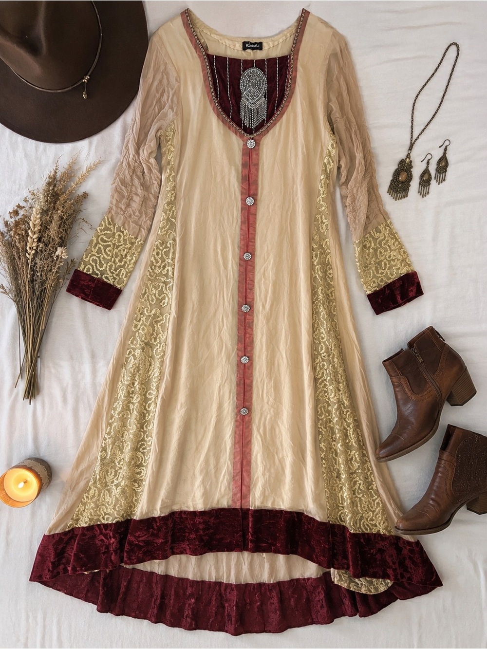 Nakeesh Embellished Boho Maxi Dress Cream Burgundy Gold Beaded Formal Size M